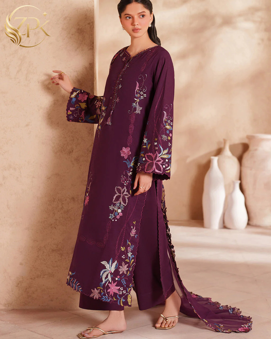 IZNIK-3PC LAWN EMBROIDERED SHIRT WITH KHAADI NET EMBROIDERED DUPATTA AND TROUSER-ZPK-4833