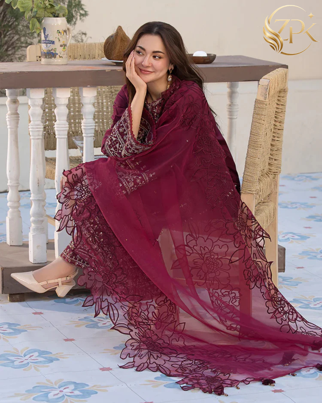 QALAMQAR-3PC LAWN EMBROIDERED SHIRT WITH ORGANZA EMBROIDERED DUPATTA AND EMB TROUSER-ZPK-4532