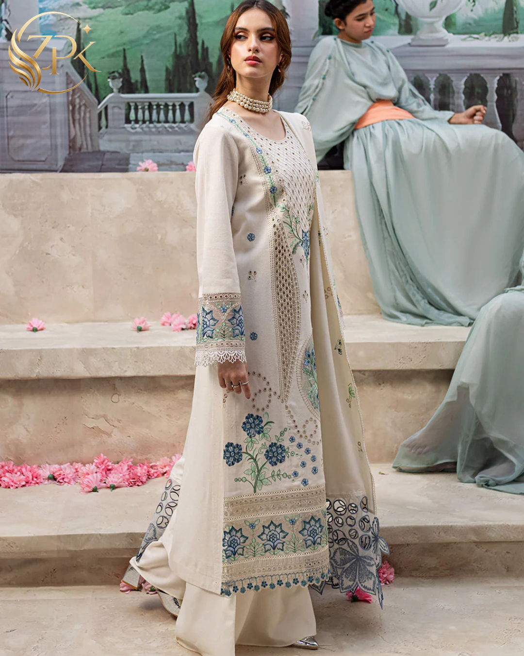 MAHNUR-3PC LAWN LASERCUT EMB SHIRT WITH LAWN LASERCUT EMB DUPATTA & TROUSER-ZPK-4525