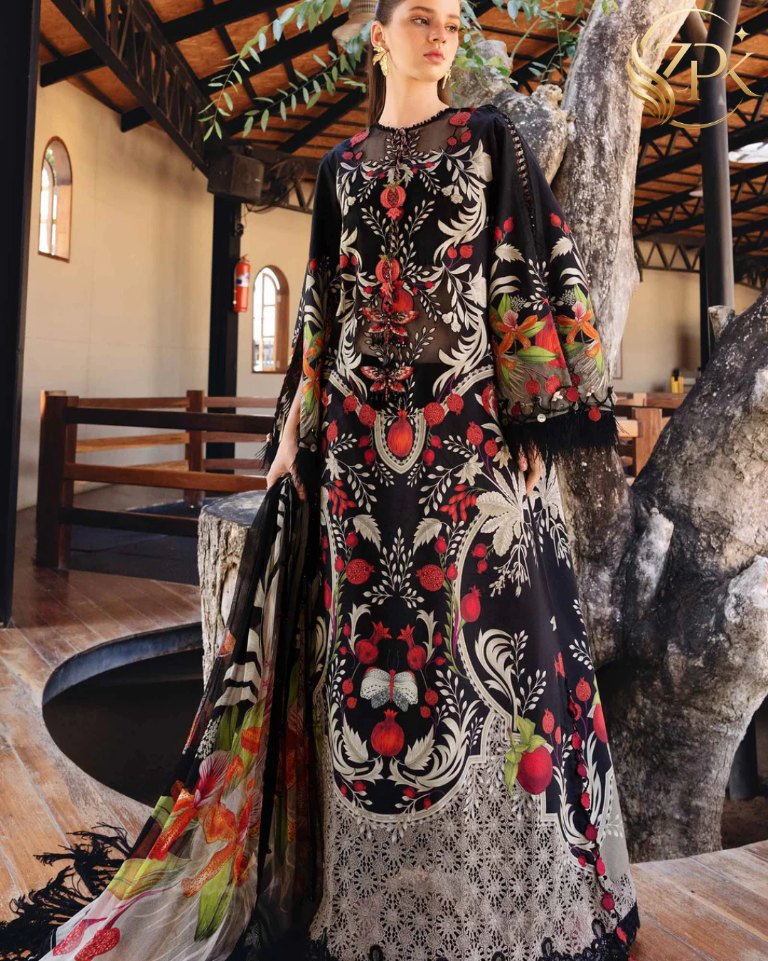 MARIA.B-3PC LAWN EMB PRINTED SHIRT WITH SILK PRINTED DUPATTA & DYED TROUSER-ZPK-033