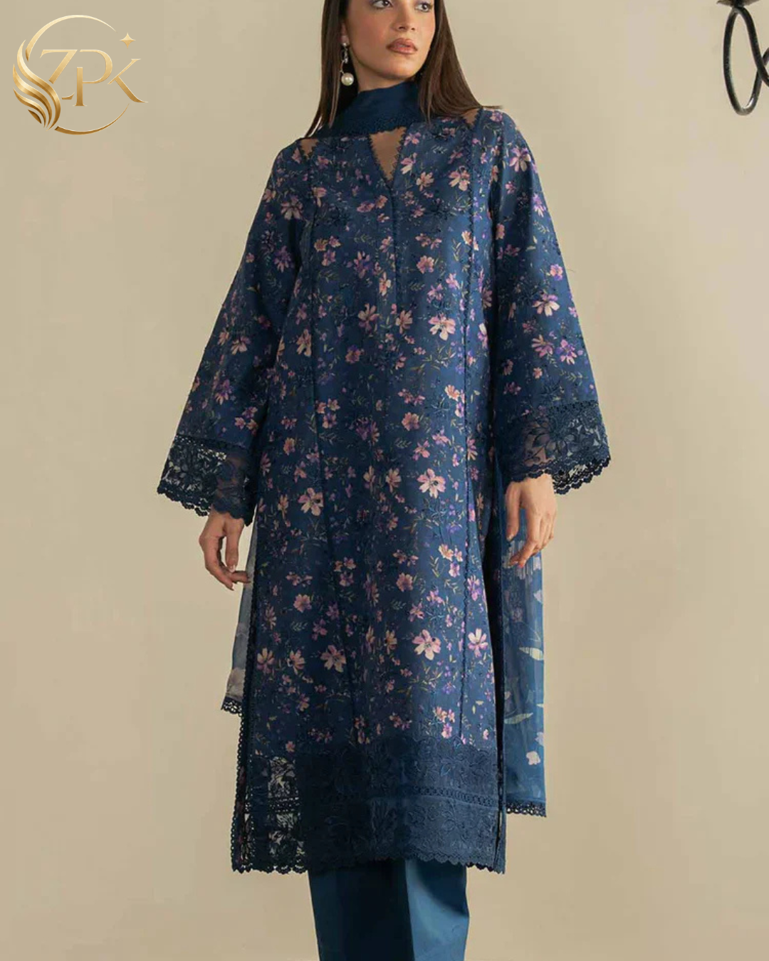 AYZEL-3PC LAWN PRINTED EMB SHIRT WITH SILK PRINTED DUPATTA AND DYED TROUSER-ZPK-053