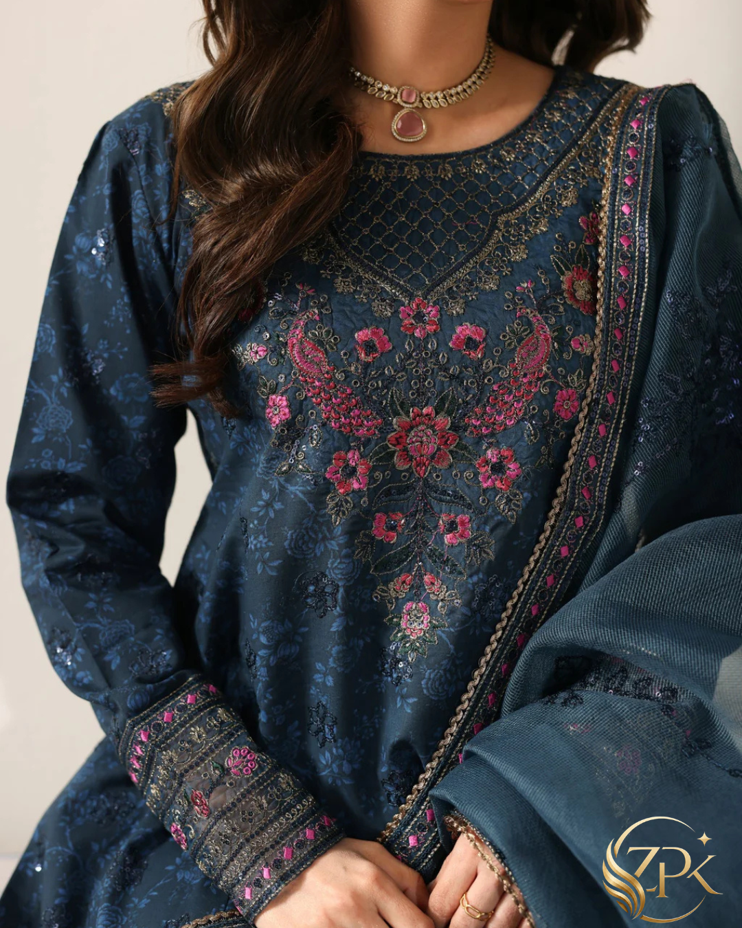 MOHAGNI-3PC LAWN PRINTED EMBROIDERED SHIRT WITH PRINT TROUSER AND ORGANZA EMBROIDERED DUPATTA -ZPK-004