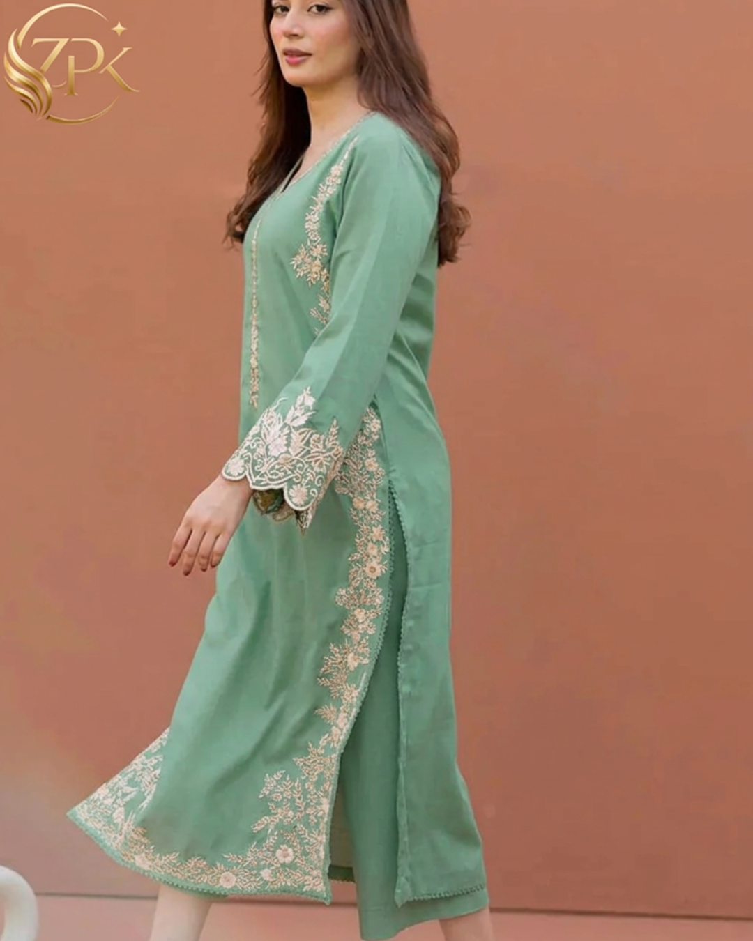 LAJWANTI-2PC LAWN EMB SHIRT WITH LAWN EMB SLEEVES AND DYED TROUSER-ZPK-214