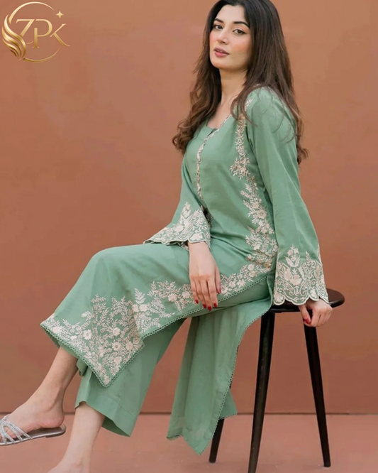 LAJWANTI-2PC LAWN EMB SHIRT WITH LAWN EMB SLEEVES AND DYED TROUSER-ZPK-214
