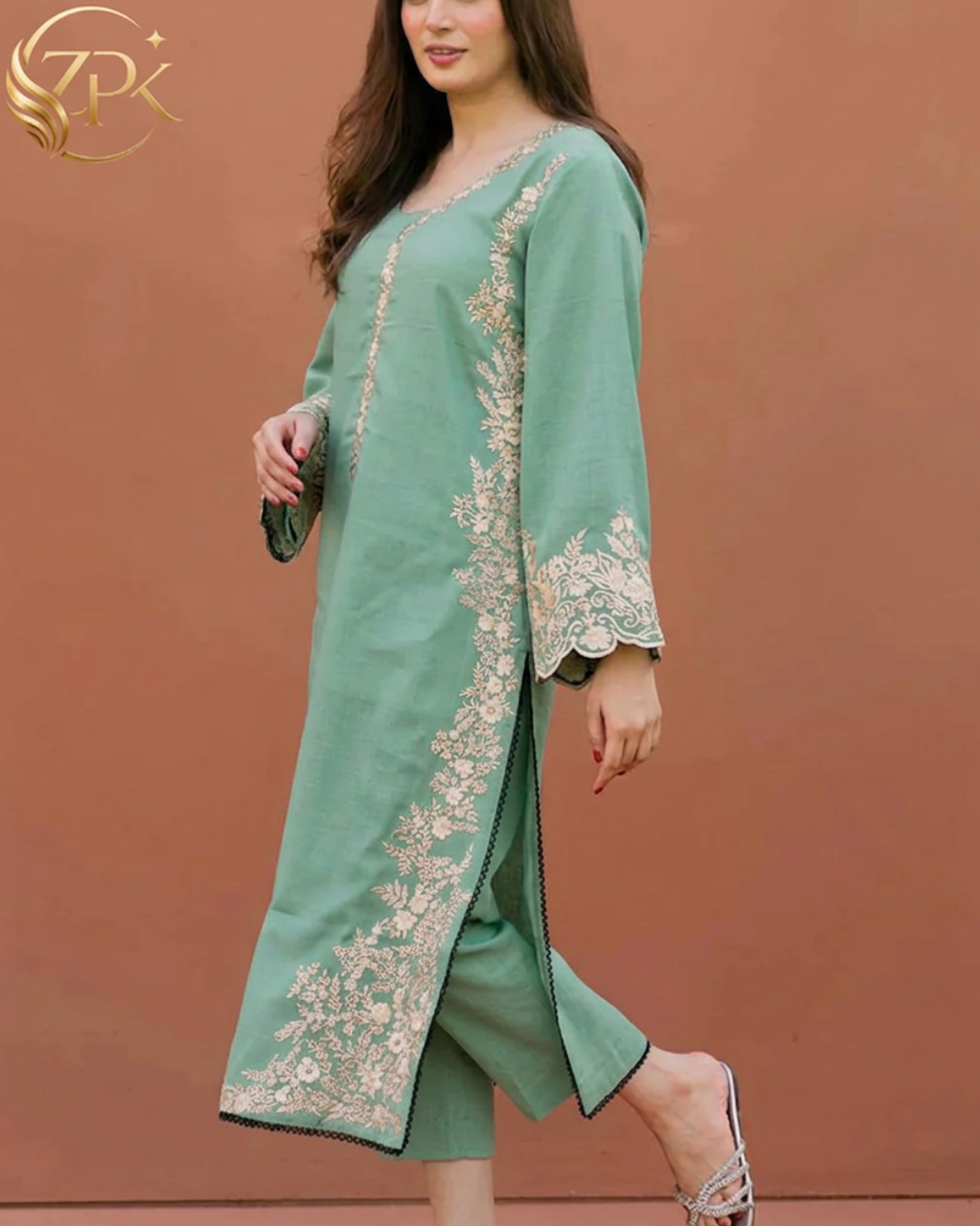 LAJWANTI-2PC LAWN EMB SHIRT WITH LAWN EMB SLEEVES AND DYED TROUSER-ZPK-214
