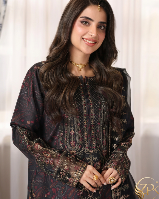 MOHAGNI-3PC LAWN PRINTED EMBROIDERED SHIRT WITH ORGANZA EMBROIDERED DUPATTA AND PRINT TROUSER-ZPK-009