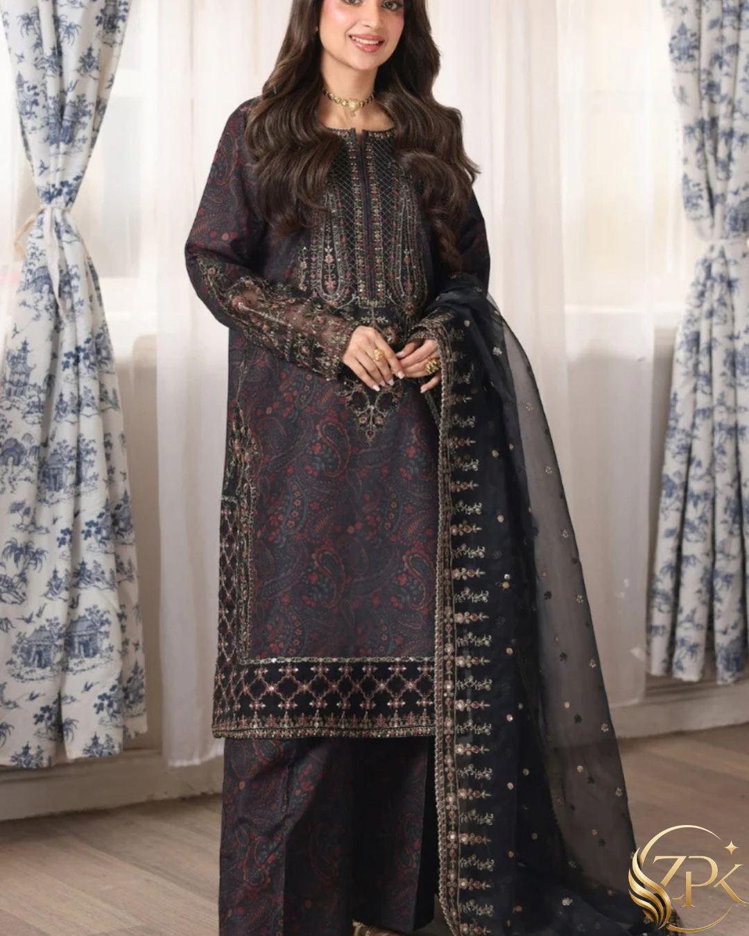 MOHAGNI-3PC LAWN PRINTED EMBROIDERED SHIRT WITH ORGANZA EMBROIDERED DUPATTA AND PRINT TROUSER-ZPK-009