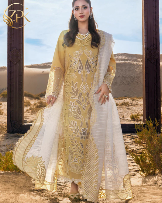 RANG RASIYA-3PC LAWN LASERCUTWORK EMBROIDERED SHIRT WITH KHAADI NET EMBROIDERED DUPATTA AND TROUSER -ZPK-4769