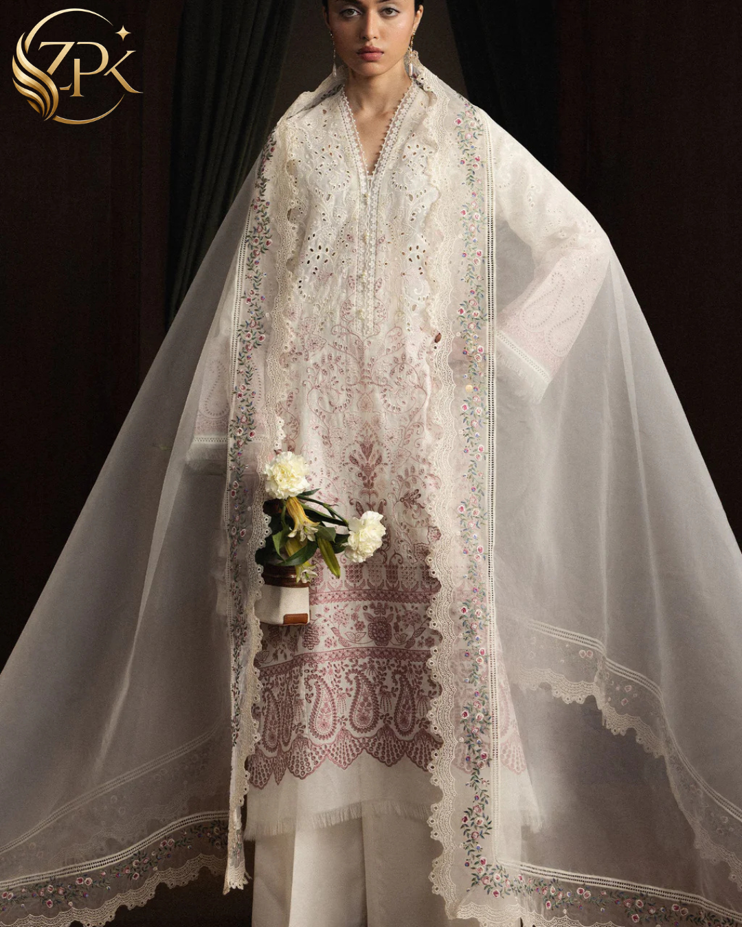 ZARA SHAHJAHAN-3PC LAWN EMBROIDERED SHIRT WITH KHADDI NET EMB DUPATTA AND EMB TROUSER-ZPK-4893