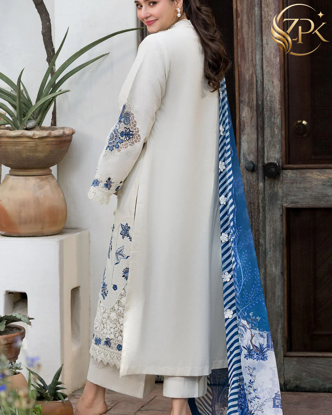 MOTIFZ-3PC LAWN HEAVY EMBROIDERED SHIRT WITH SILK PRINTED DUPATTA AND TROUSER-ZPK-4906