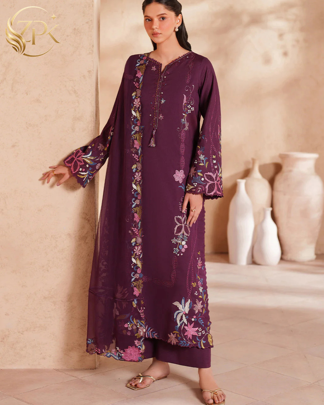 IZNIK-3PC LAWN EMBROIDERED SHIRT WITH KHAADI NET EMBROIDERED DUPATTA AND TROUSER-ZPK-4833