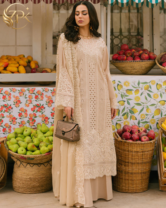 MAHNUR-3PC LAWN CHIKAANKARI EMBROIDERED SHIRT WITH KHADDI NET EMB DUPATTA AND TROUSER -ZPK-4703