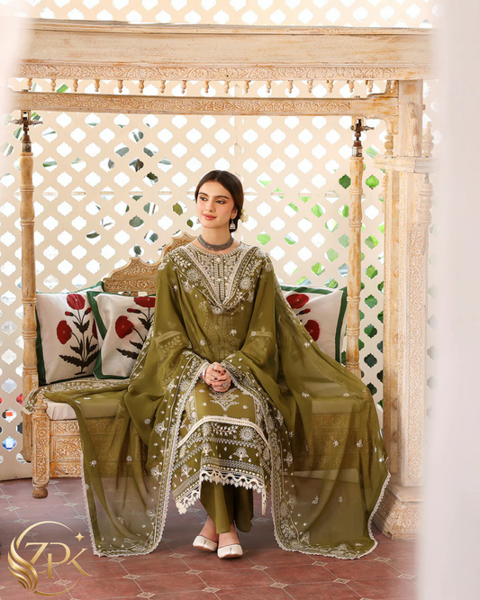 MAHNUR-3PC LAWN EMBROIDERED SHIRT WITH LAWN EMBROIDERED DUPATTA & TROUSER-ZPK-4522