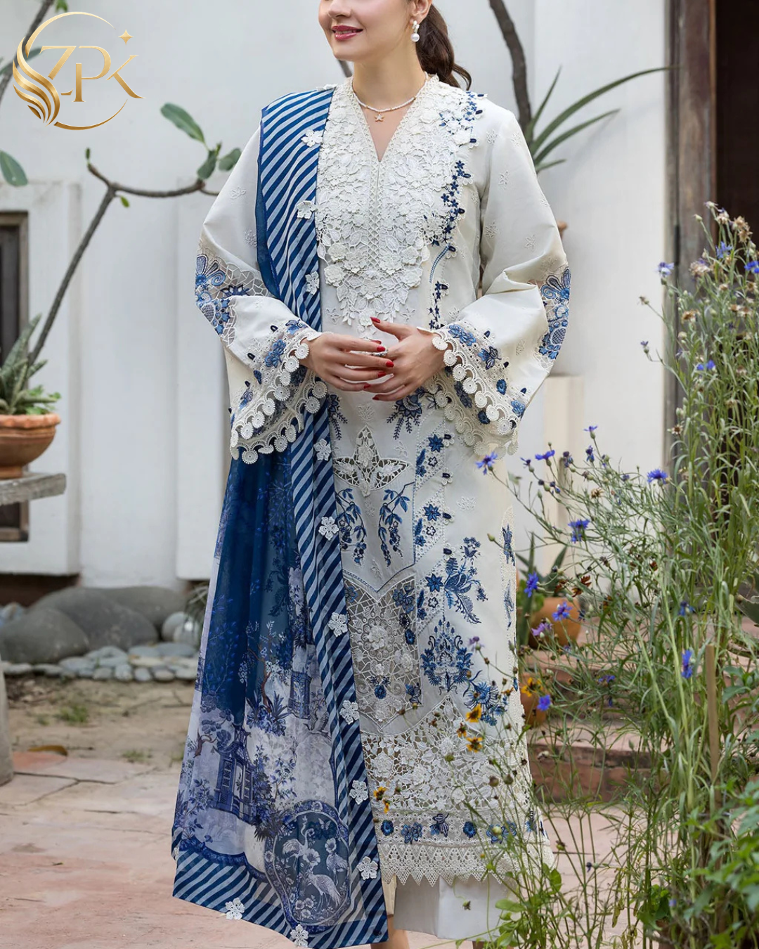 MOTIFZ-3PC LAWN HEAVY EMBROIDERED SHIRT WITH SILK PRINTED DUPATTA AND TROUSER-ZPK-4906