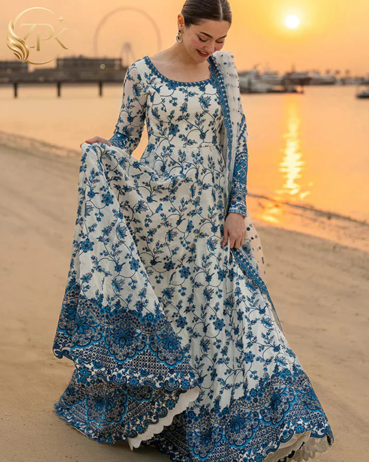 FAIZA SAQLAIN-FROCK 3PC LAWN EMBROIDERED SHIRT WITH NET EMBROIDERED DUPATTA AND TROUSER-ZPK-4847