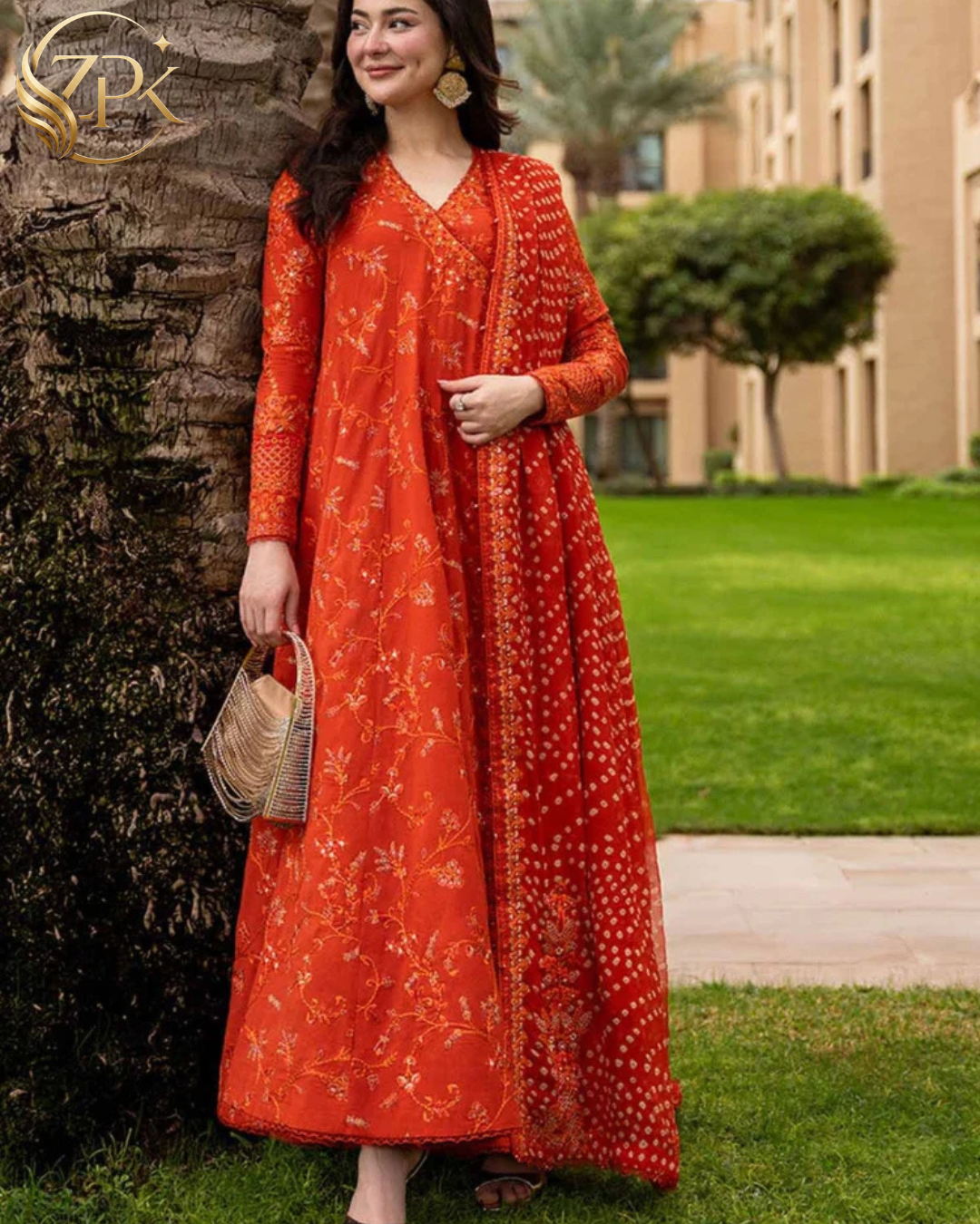 FAIZA SAQLAIN-FROCK 3PC LAWN EMBROIDERED SHIRT WITH CHUNRI PRINTED EMBROIDERED DUPATTA AND TROUSER-ZPK-4866