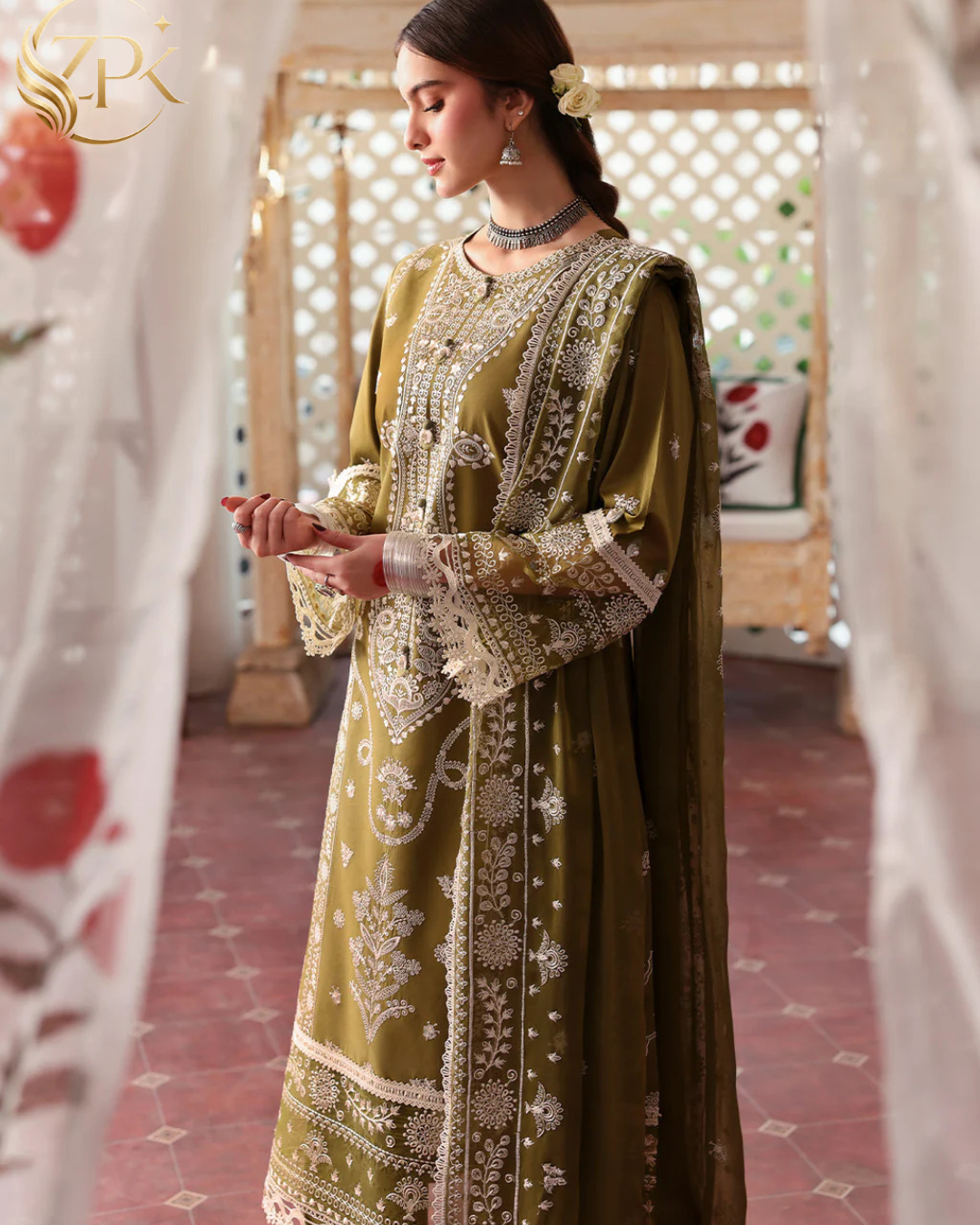MAHNUR-3PC LAWN EMBROIDERED SHIRT WITH LAWN EMBROIDERED DUPATTA & TROUSER-ZPK-4522