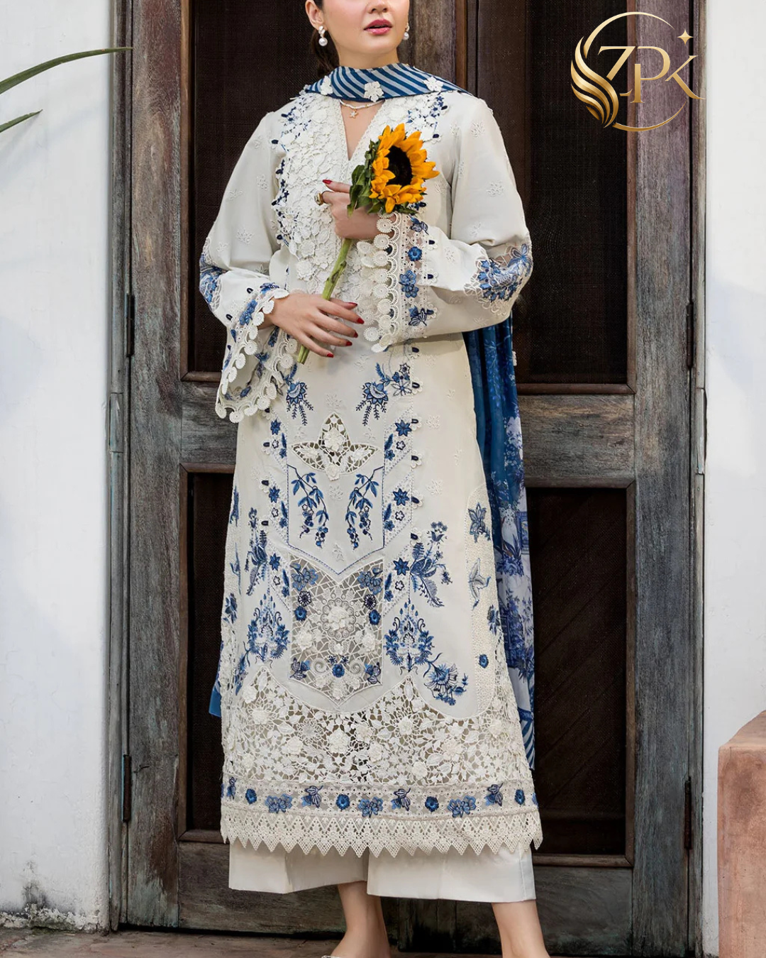 MOTIFZ-3PC LAWN HEAVY EMBROIDERED SHIRT WITH SILK PRINTED DUPATTA AND TROUSER-ZPK-4906