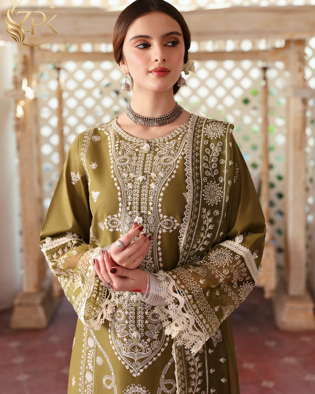 MAHNUR-3PC LAWN EMBROIDERED SHIRT WITH LAWN EMBROIDERED DUPATTA & TROUSER-ZPK-4522