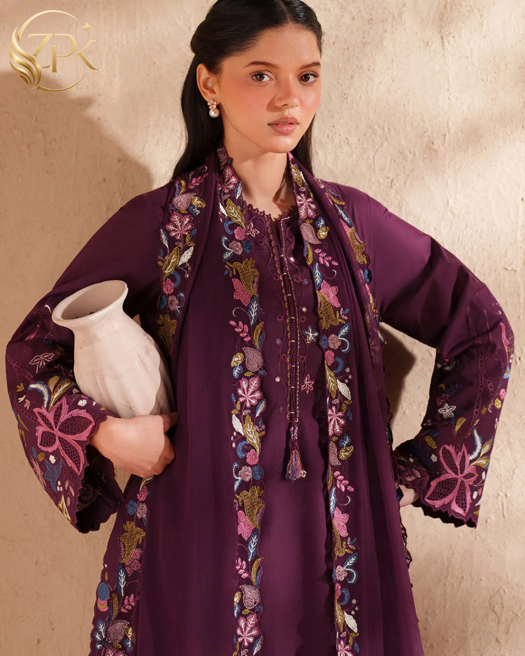 IZNIK-3PC LAWN EMBROIDERED SHIRT WITH KHAADI NET EMBROIDERED DUPATTA AND TROUSER-ZPK-4833