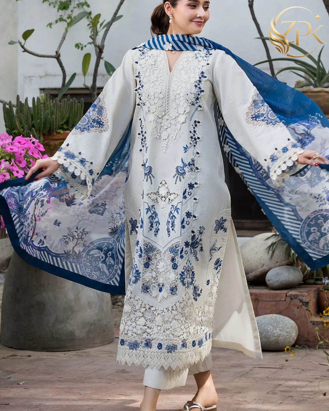 MOTIFZ-3PC LAWN HEAVY EMBROIDERED SHIRT WITH SILK PRINTED DUPATTA AND TROUSER-ZPK-4906