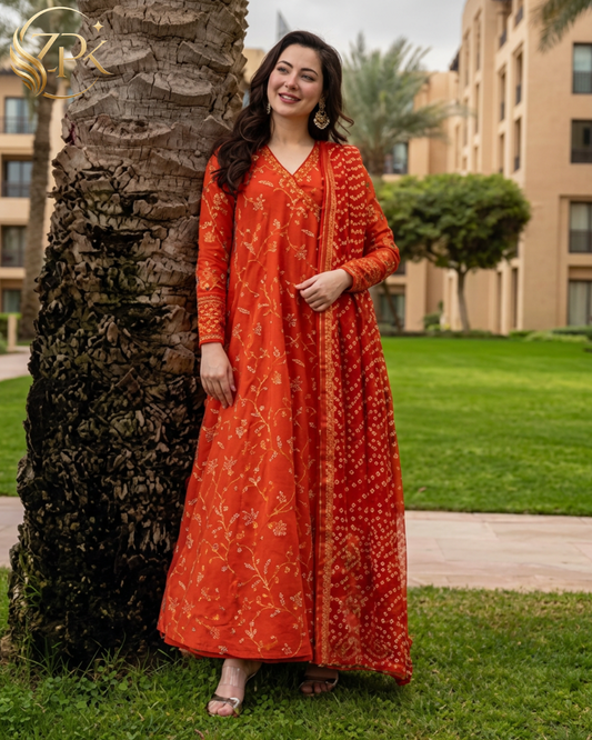 FAIZA SAQLAIN-FROCK 3PC LAWN EMBROIDERED SHIRT WITH CHUNRI PRINTED EMBROIDERED DUPATTA AND TROUSER-ZPK-4866