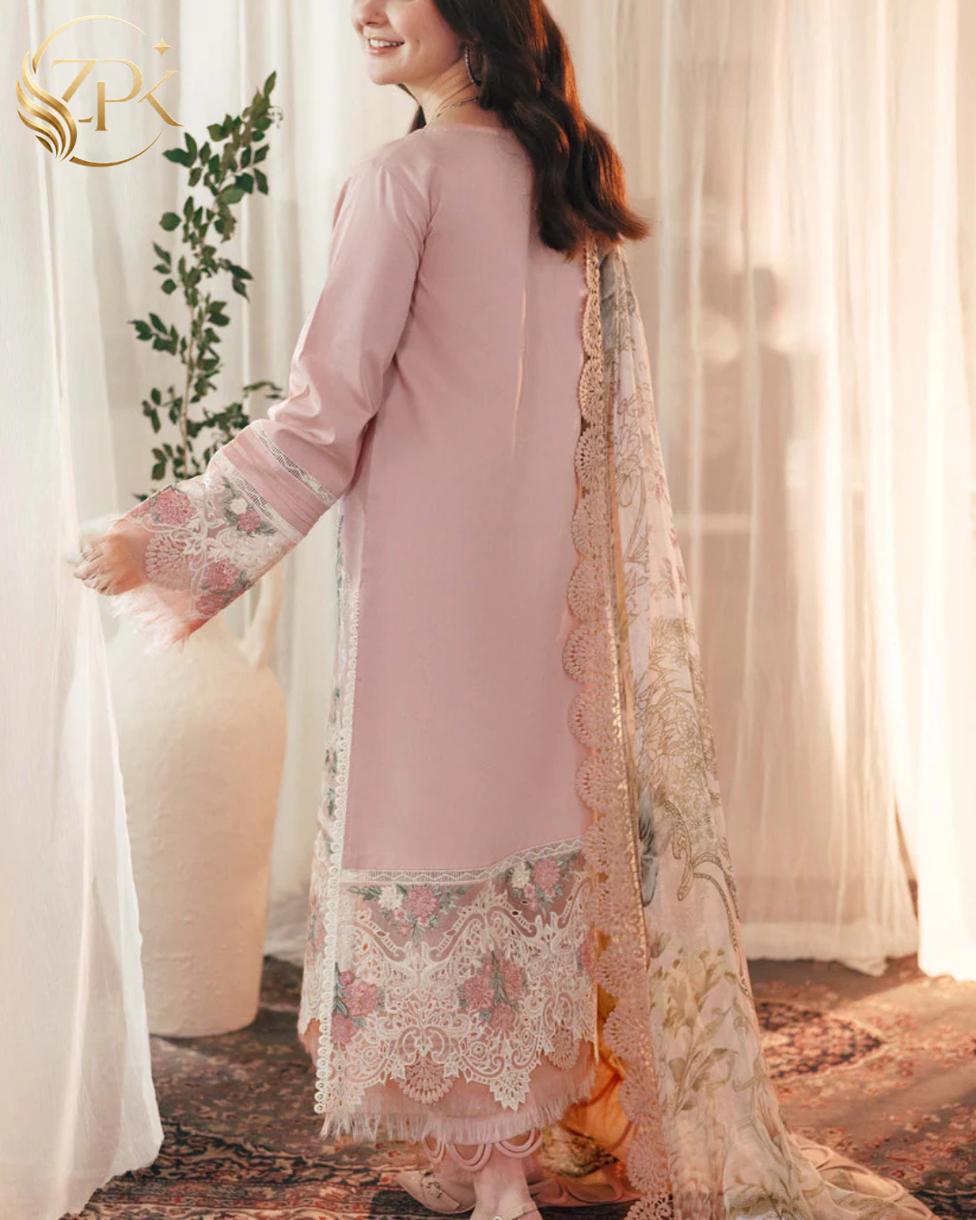 JADE-3PC LAWN EMBROIDERED SHIRT WITH CHIFFON PRINTED DUPATTA AND TROUSER-ZPK-4517