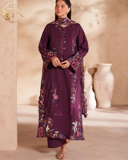 IZNIK-3PC LAWN EMBROIDERED SHIRT WITH KHAADI NET EMBROIDERED DUPATTA AND TROUSER-ZPK-4833