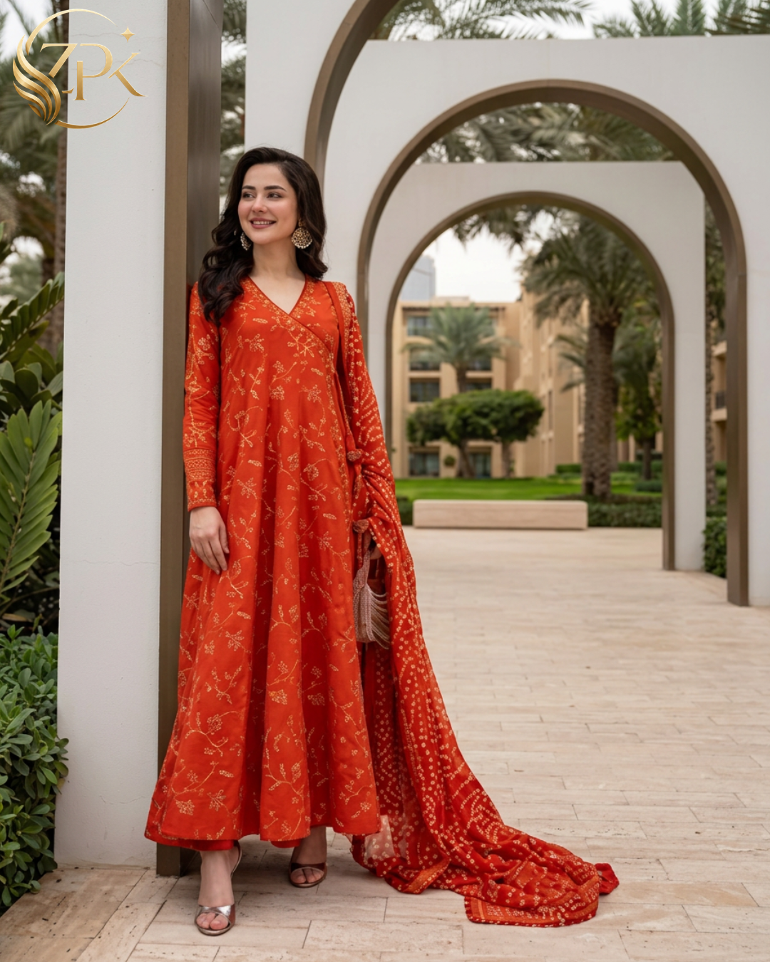 FAIZA SAQLAIN-FROCK 3PC LAWN EMBROIDERED SHIRT WITH CHUNRI PRINTED EMBROIDERED DUPATTA AND TROUSER-ZPK-4866