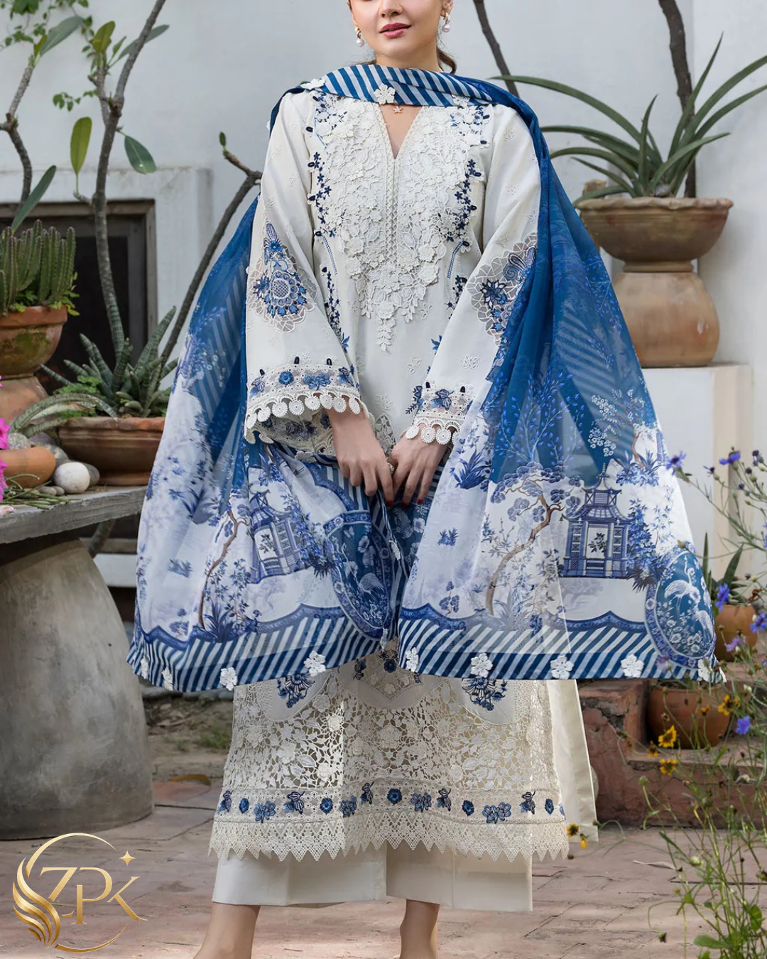 MOTIFZ-3PC LAWN HEAVY EMBROIDERED SHIRT WITH SILK PRINTED DUPATTA AND TROUSER-ZPK-4906