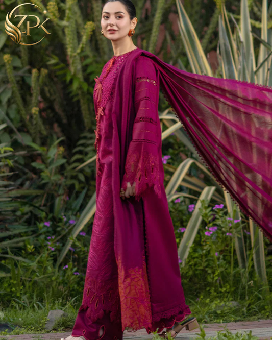 RANG RASIYA-3PC LAWN CHIKAN EMBROIDERED SHIRT WITH KHADDI NET EMB DUPATTA AND EMB TROUSER-ZPK-4885