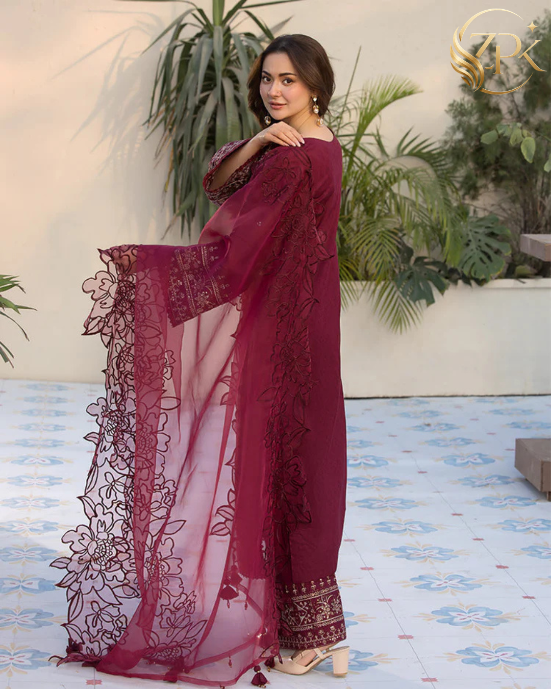 QALAMQAR-3PC LAWN EMBROIDERED SHIRT WITH ORGANZA EMBROIDERED DUPATTA AND EMB TROUSER-ZPK-4532