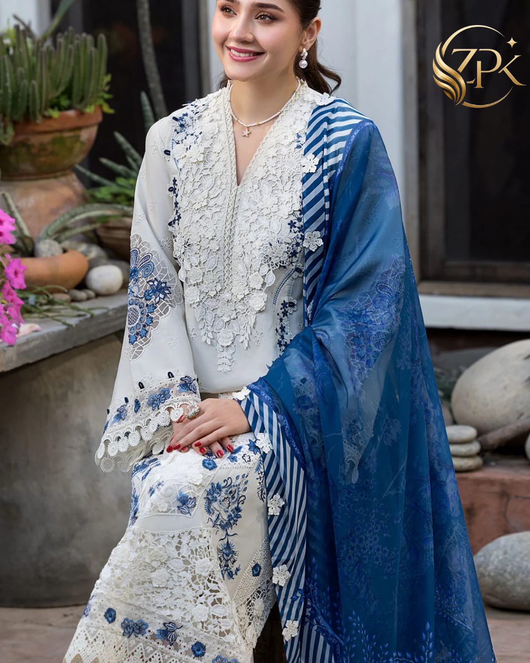 MOTIFZ-3PC LAWN HEAVY EMBROIDERED SHIRT WITH SILK PRINTED DUPATTA AND TROUSER-ZPK-4906