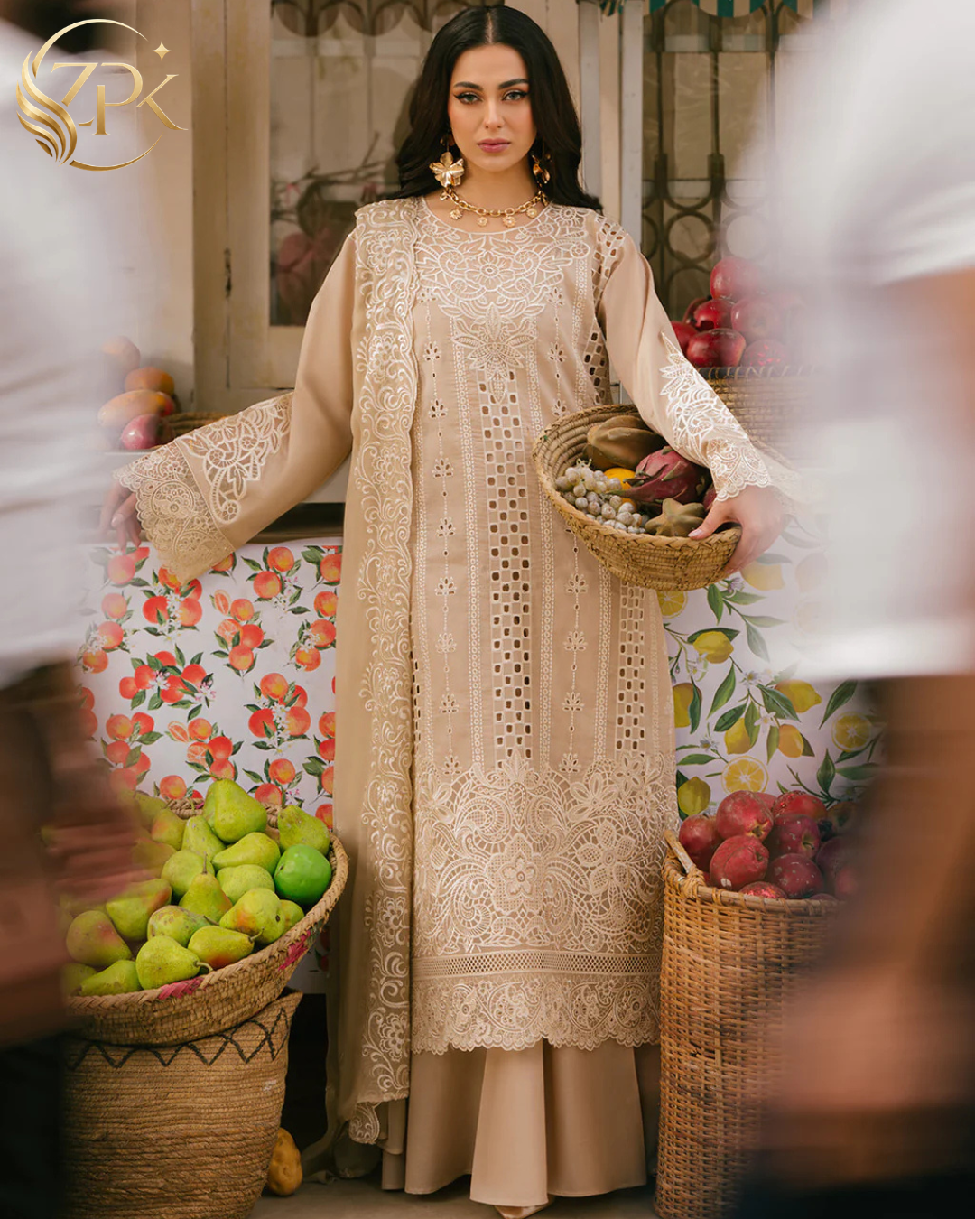 MAHNUR-3PC LAWN CHIKAANKARI EMBROIDERED SHIRT WITH KHADDI NET EMB DUPATTA AND TROUSER -ZPK-4703