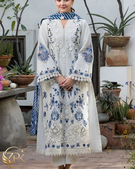 MOTIFZ-3PC LAWN HEAVY EMBROIDERED SHIRT WITH SILK PRINTED DUPATTA AND TROUSER-ZPK-4906