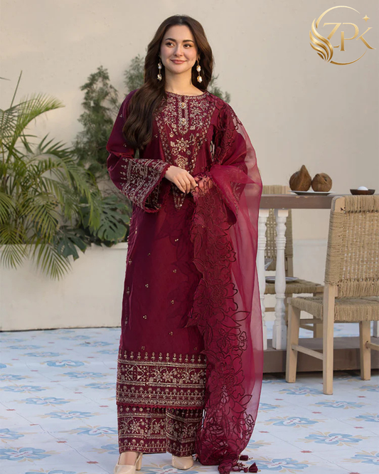 QALAMQAR-3PC LAWN EMBROIDERED SHIRT WITH ORGANZA EMBROIDERED DUPATTA AND EMB TROUSER-ZPK-4532
