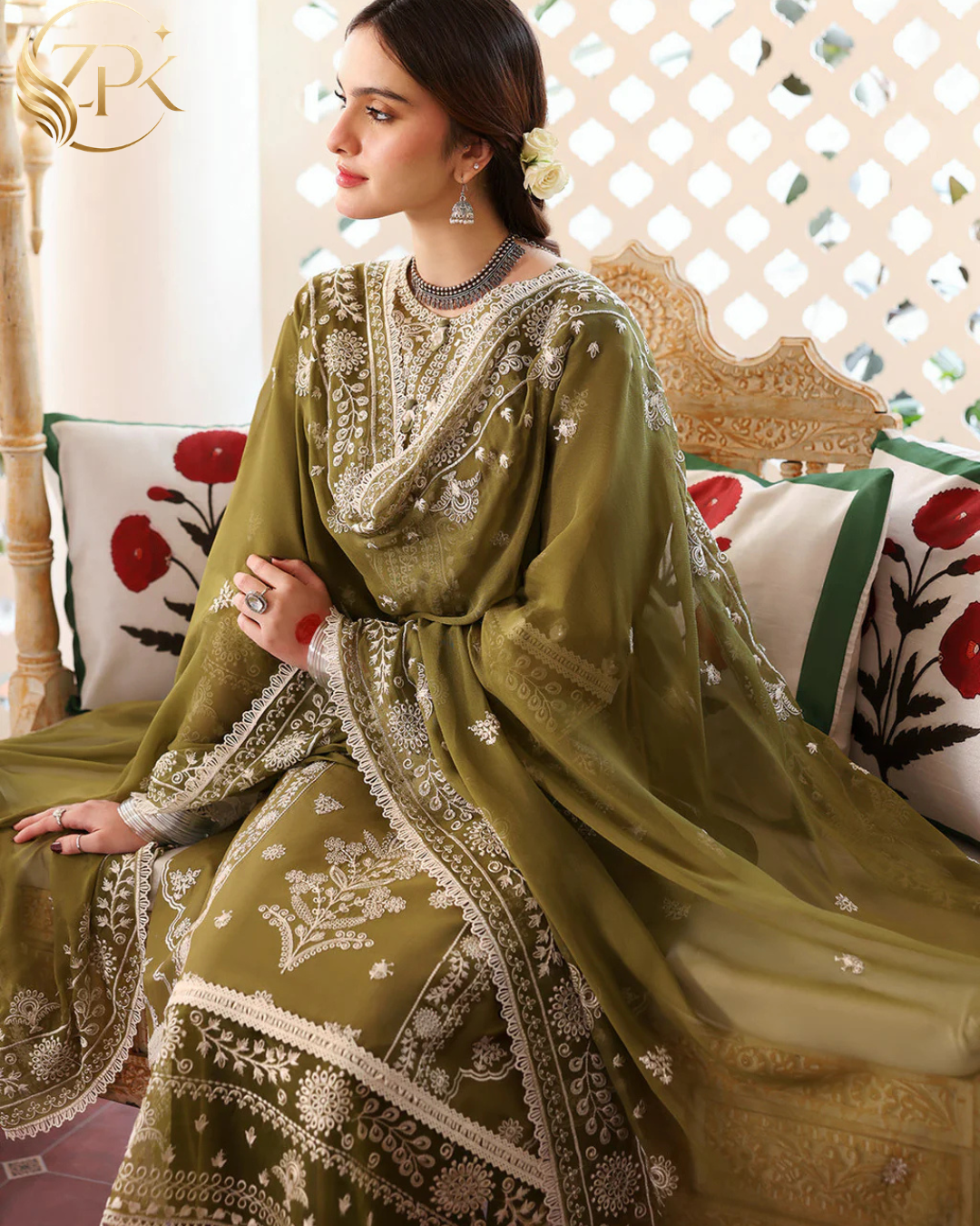 MAHNUR-3PC LAWN EMBROIDERED SHIRT WITH LAWN EMBROIDERED DUPATTA & TROUSER-ZPK-4522