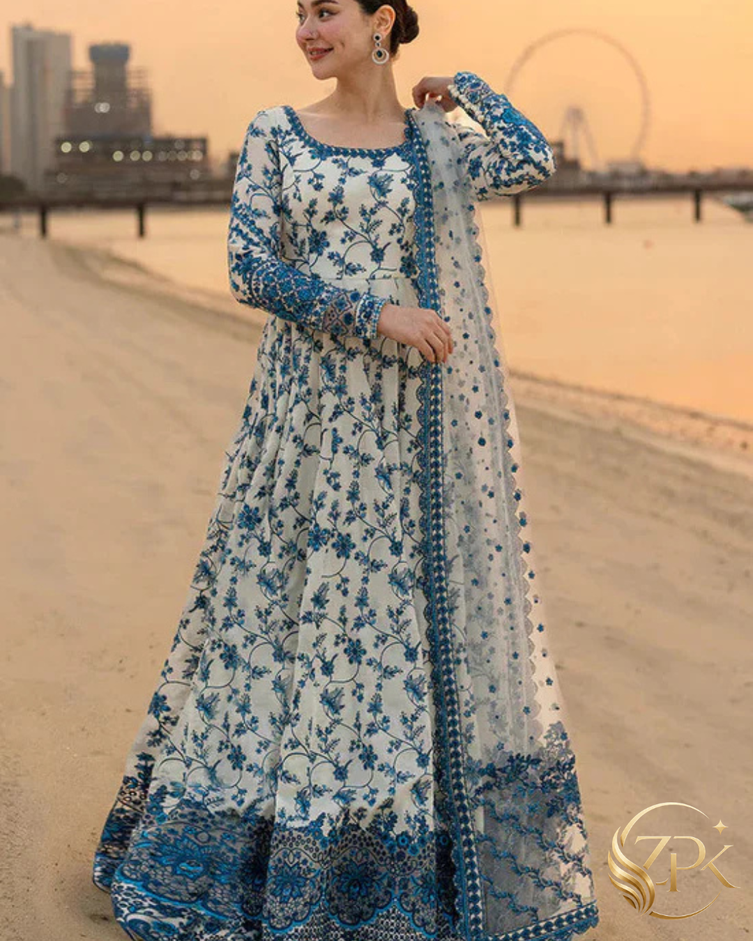 FAIZA SAQLAIN-FROCK 3PC LAWN EMBROIDERED SHIRT WITH NET EMBROIDERED DUPATTA AND TROUSER-ZPK-4847