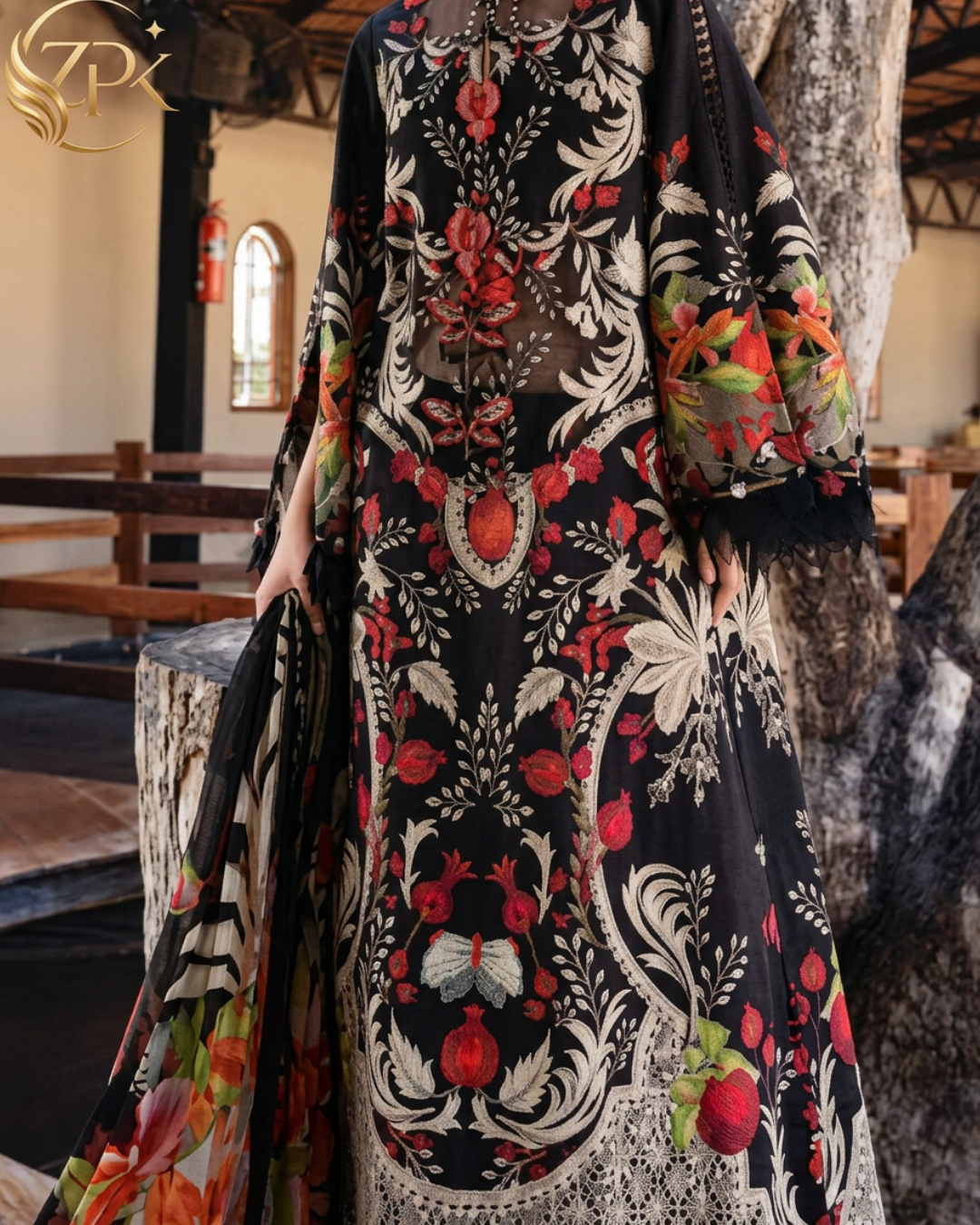 MARIA.B-3PC LAWN EMB PRINTED SHIRT WITH SILK PRINTED DUPATTA & DYED TROUSER-ZPK-033