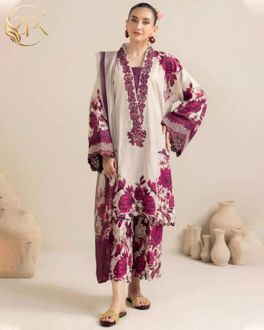 ADAN LIBAS-3PC LAWN PRINTED EMB SHIRT WITH LAWN PRINTED DUPATTA AND PRINT TROUSER-ZPK-059