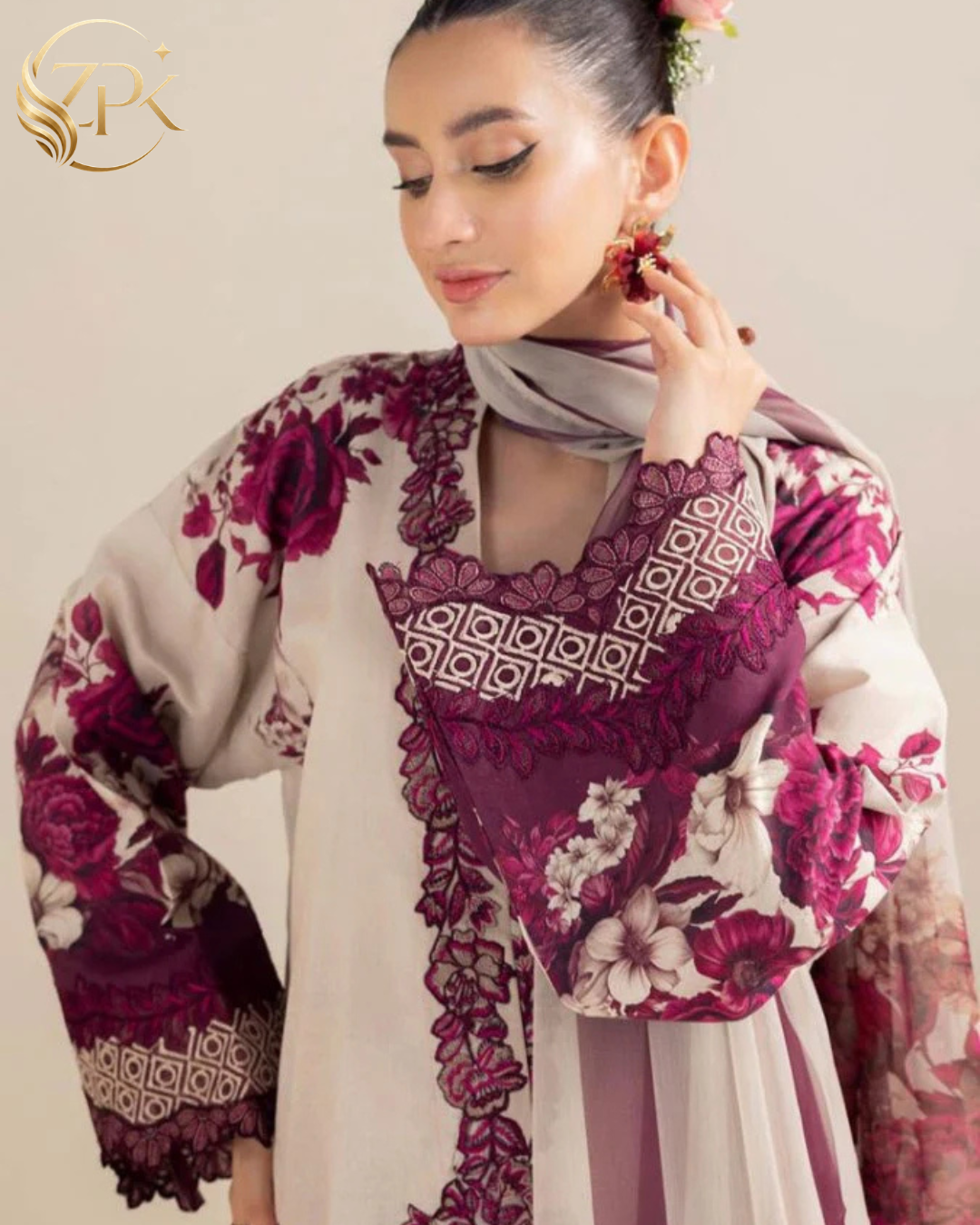 ADAN LIBAS-3PC LAWN PRINTED EMB SHIRT WITH LAWN PRINTED DUPATTA AND PRINT TROUSER-ZPK-059