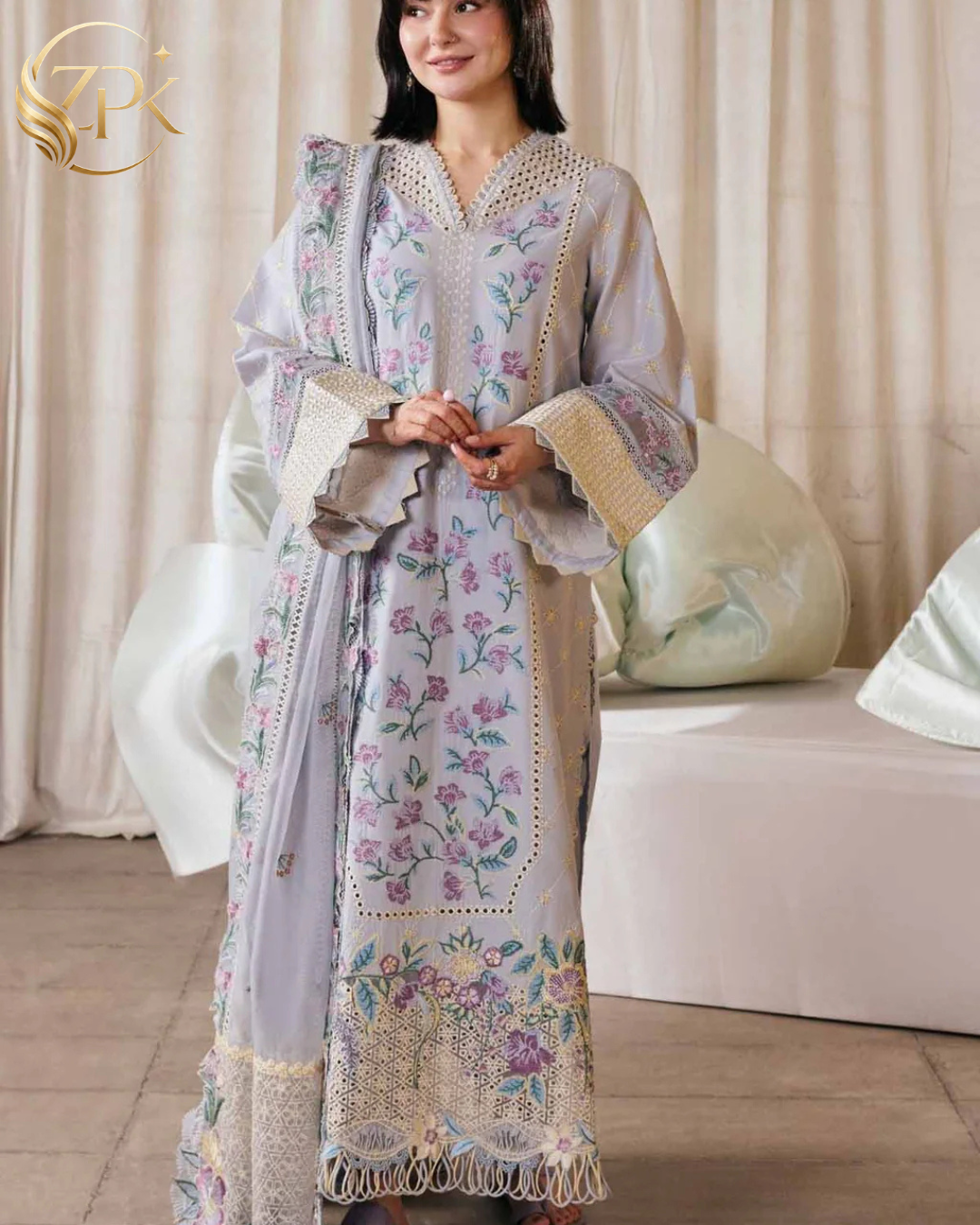 MARYAM HUSSAIN-3PC LAWN EMBROIDERED SHIRT WITH KHADDI NET EMB DUPATTA AND TROUSER-ZPK-4913