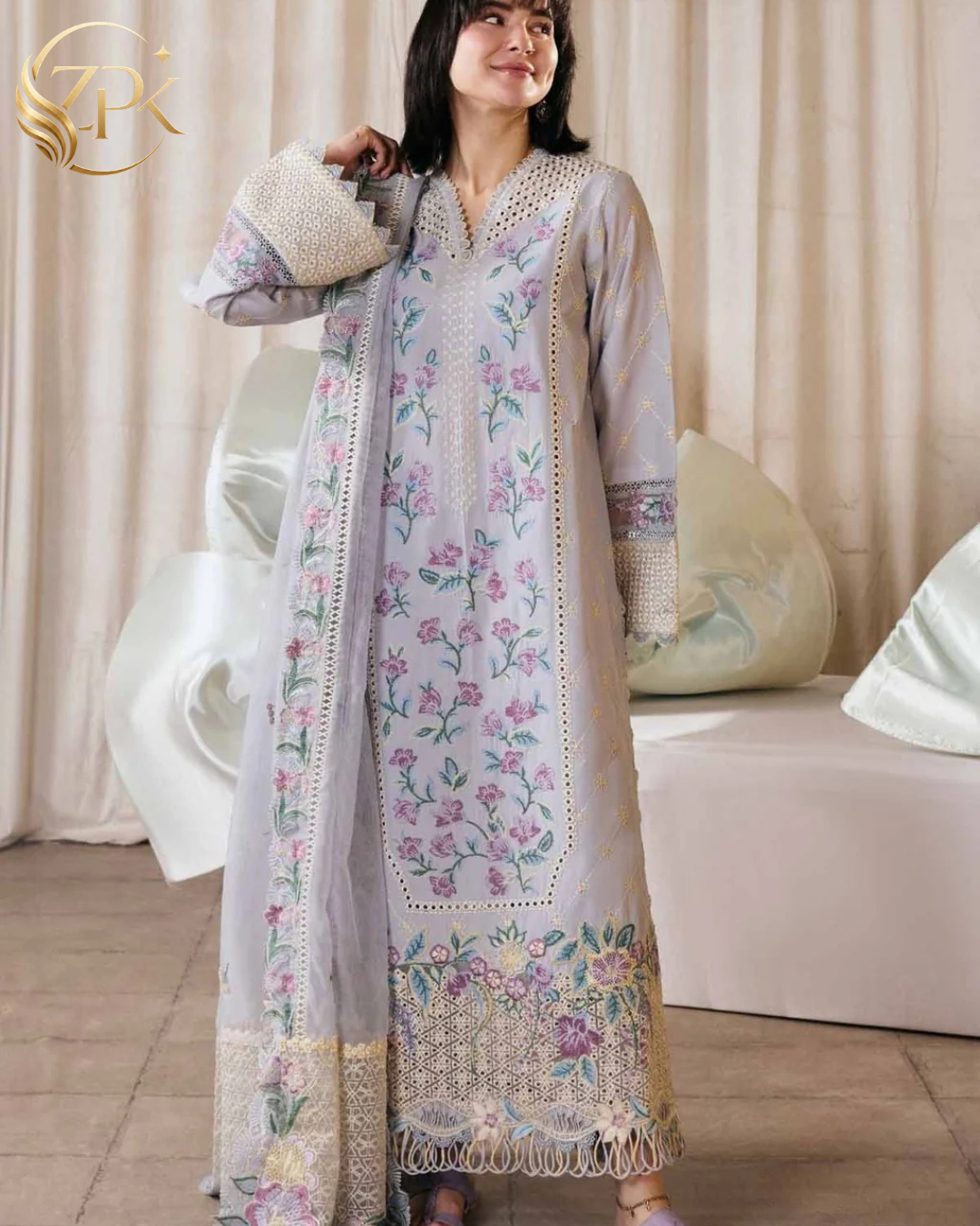 MARYAM HUSSAIN-3PC LAWN EMBROIDERED SHIRT WITH KHADDI NET EMB DUPATTA AND TROUSER-ZPK-4913