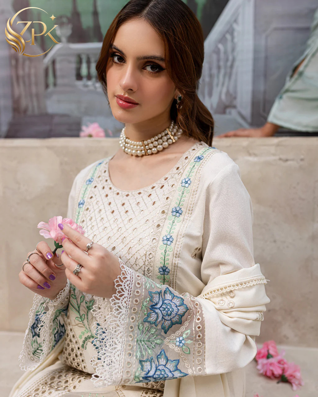 MAHNUR-3PC LAWN LASERCUT EMB SHIRT WITH LAWN LASERCUT EMB DUPATTA & TROUSER-ZPK-4525
