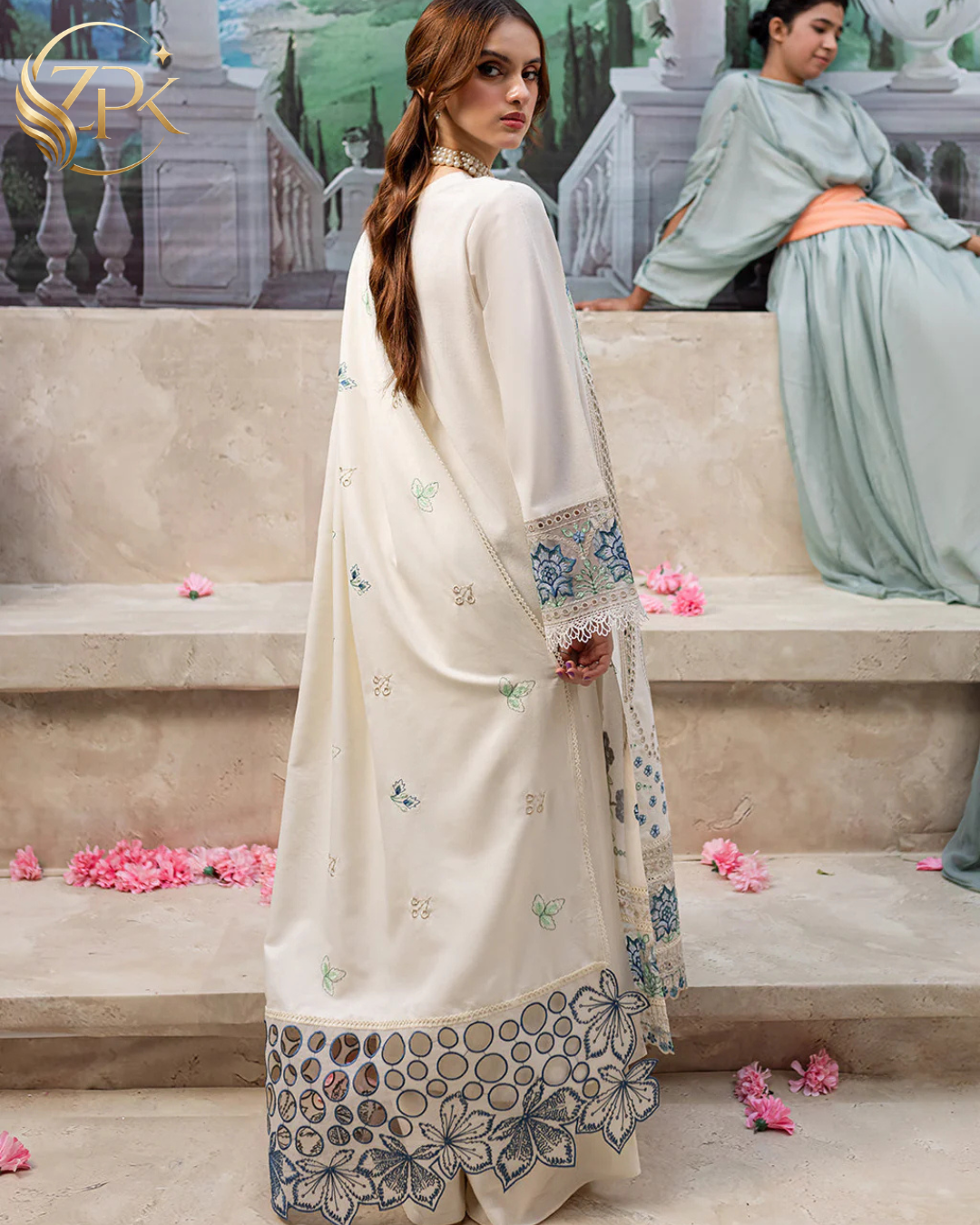MAHNUR-3PC LAWN LASERCUT EMB SHIRT WITH LAWN LASERCUT EMB DUPATTA & TROUSER-ZPK-4525