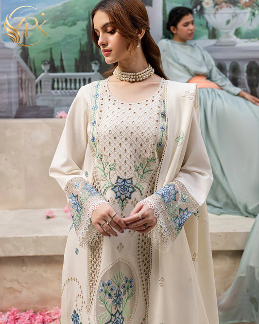 MAHNUR-3PC LAWN LASERCUT EMB SHIRT WITH LAWN LASERCUT EMB DUPATTA & TROUSER-ZPK-4525