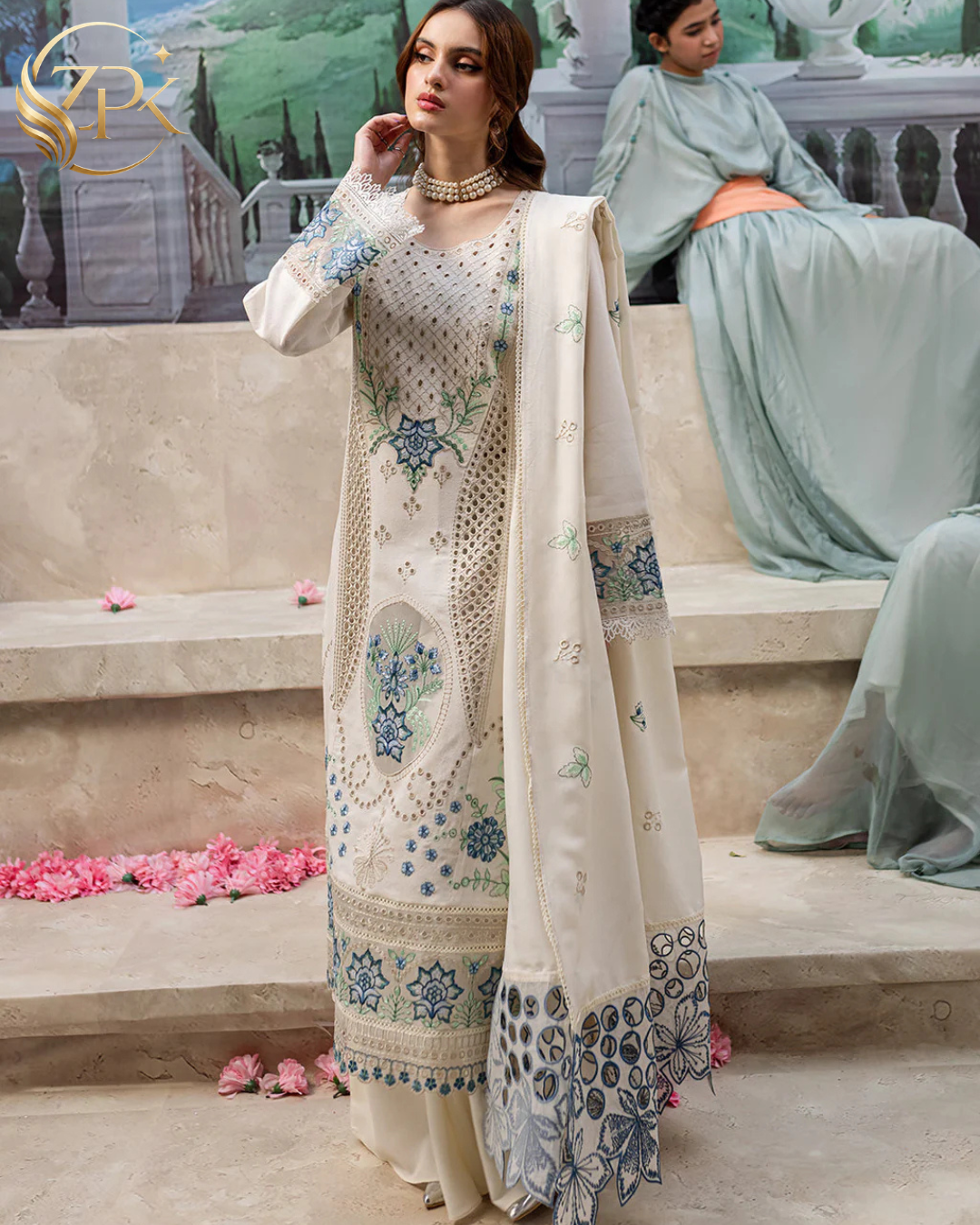 MAHNUR-3PC LAWN LASERCUT EMB SHIRT WITH LAWN LASERCUT EMB DUPATTA & TROUSER-ZPK-4525