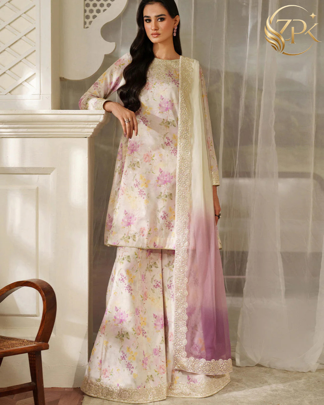 IZNIK-3PC LAWN DIGITAL PRINTED EMB SHIRT WITH SILK TYE&DYE EMB DUPATTA AND PRINTED TROUSER-ZPK-027