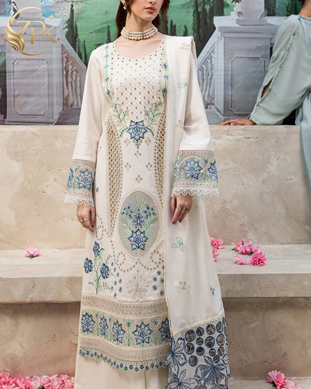 MAHNUR-3PC LAWN LASERCUT EMB SHIRT WITH LAWN LASERCUT EMB DUPATTA & TROUSER-ZPK-4525