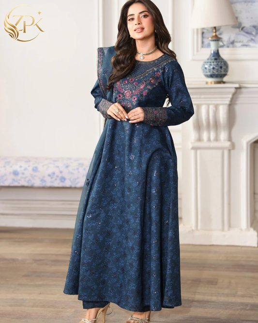 MOHAGNI-3PC LAWN PRINTED EMBROIDERED SHIRT WITH PRINT TROUSER AND ORGANZA EMBROIDERED DUPATTA -ZPK-004